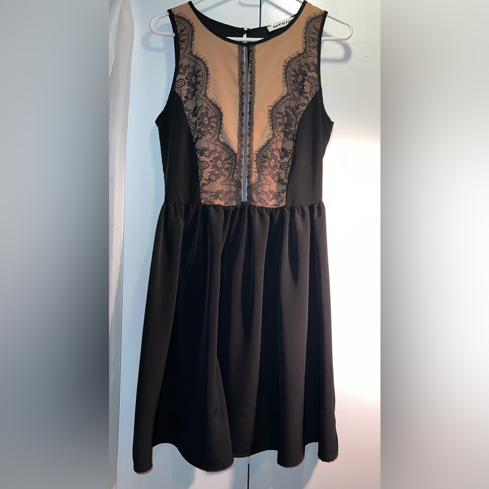 Mystic - stunning black lace and tan dress